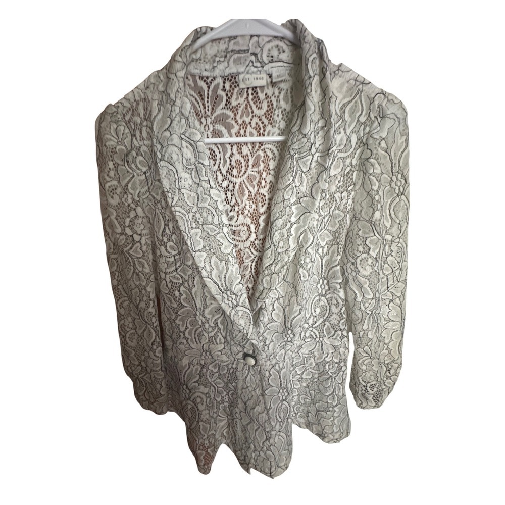 C. Est. 1946 Womens White Black Floral Lace Single Button Blazer Jacket Size M